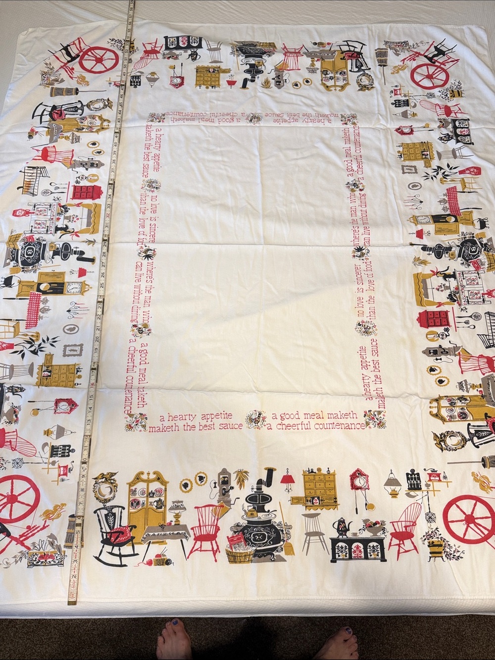 Source Unknown Cream Tablecloth with Red, Black & Gold Kitchen Motif